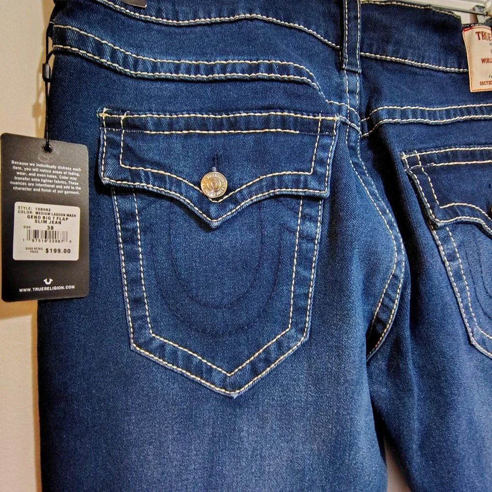 True Religion Geno Big T Flap Slim Jeans Mens Size 38 Medium Lagoon W38 L32 Wash
